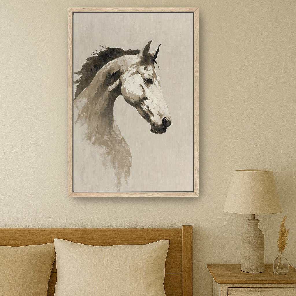 a serene bedroom scene with a large framed painting of a horse's head hanging on the wall above a bed with a wooden headboard.