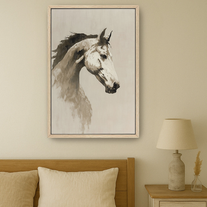 a serene bedroom scene with a large framed painting of a horse's head hanging on the wall above a bed with a wooden headboard.