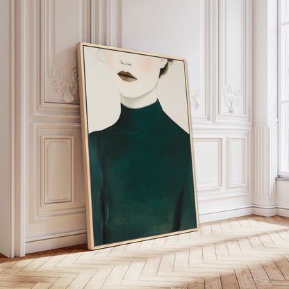 Poise Canvas Print showing a faceless figure in a deep emerald dress, minimalist portrait on archival-quality canvas with a natural wood frame, leaning against an elegant white paneled wall in a bright room