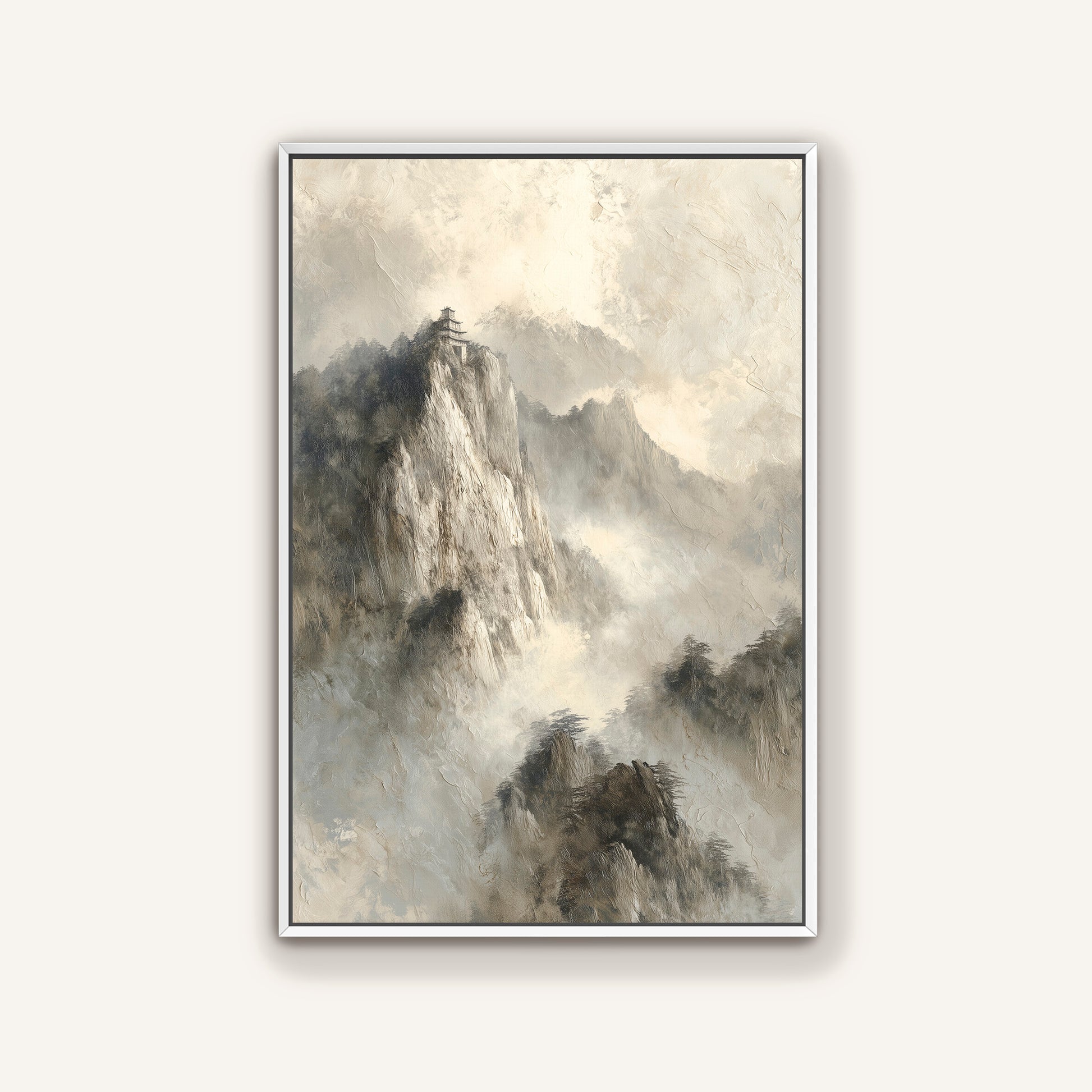 The image is a painting of a mountain landscape with a cloudy sky.