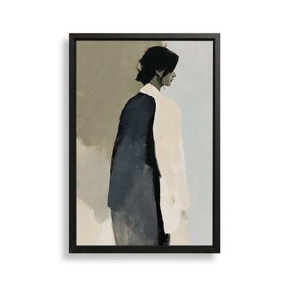 The image is a framed painting depicting a person standing in profile, wearing a white shirt and a dark jacket.