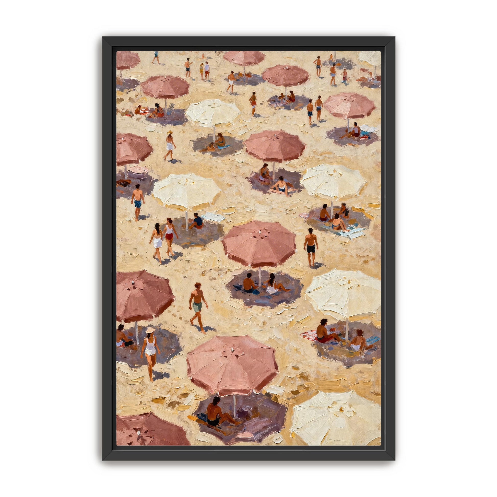 The image is a painting depicting a crowded beach scene with numerous people and umbrellas.