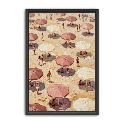 The image is a painting depicting a crowded beach scene with numerous people and umbrellas.