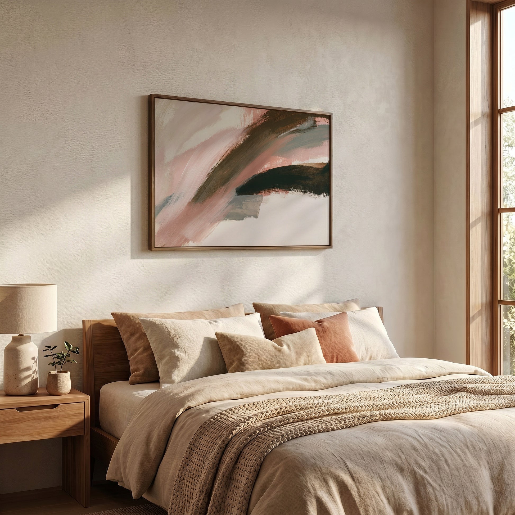 a serene and cozy bedroom with a large bed adorned with beige and brown bedding, complemented by a wooden nightstand and a lamp. Above the bed, a framed abstract painting adds an artistic touch to the space.