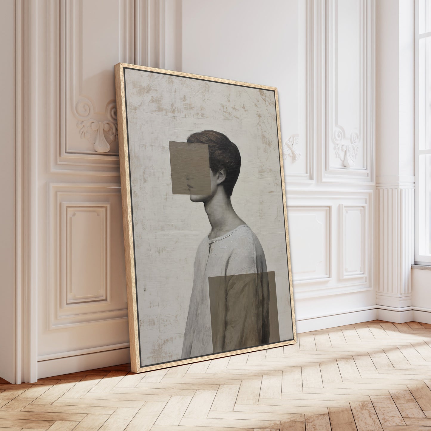 Abstract portrait canvas print titled Masked with geometric shapes covering face, muted palette, modern minimalist style