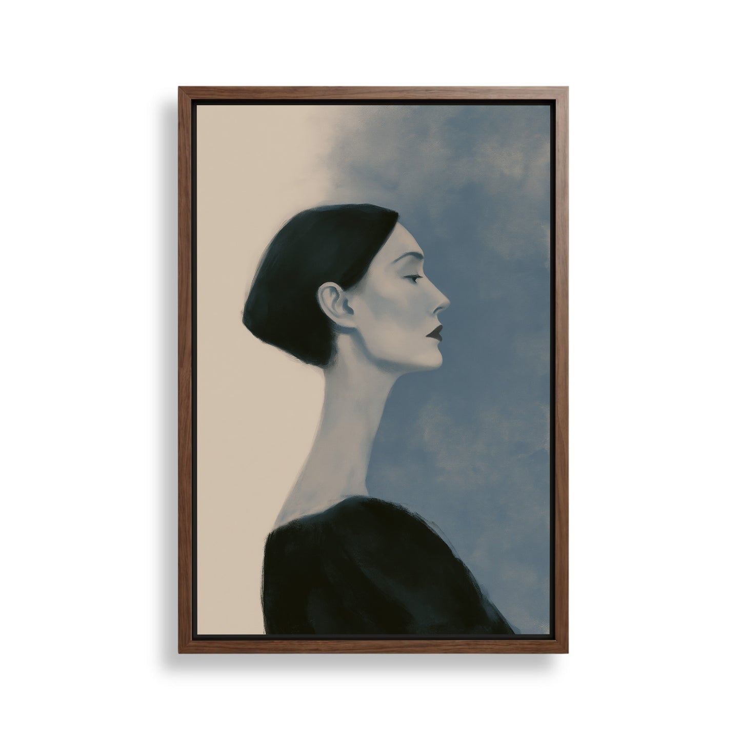 A framed painting depicting a woman with a pensive expression, wearing a black top against a blue background.