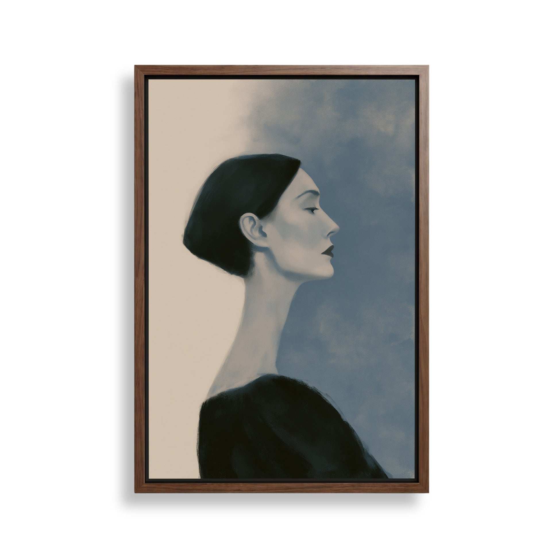 A framed painting depicting a woman with a pensive expression, wearing a black top against a blue background.