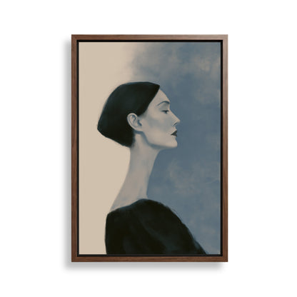 A framed painting depicting a woman with a pensive expression, wearing a black top against a blue background.