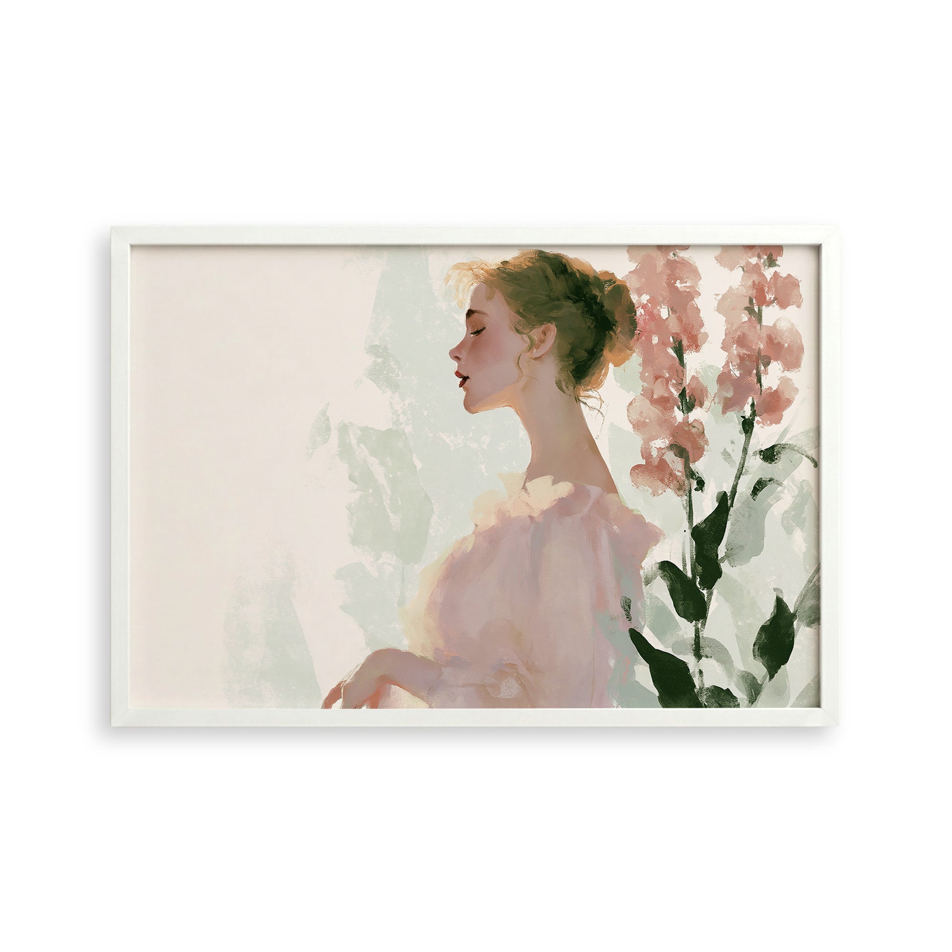 A framed painting depicting a woman in a pink dress standing in front of pink flowers.
