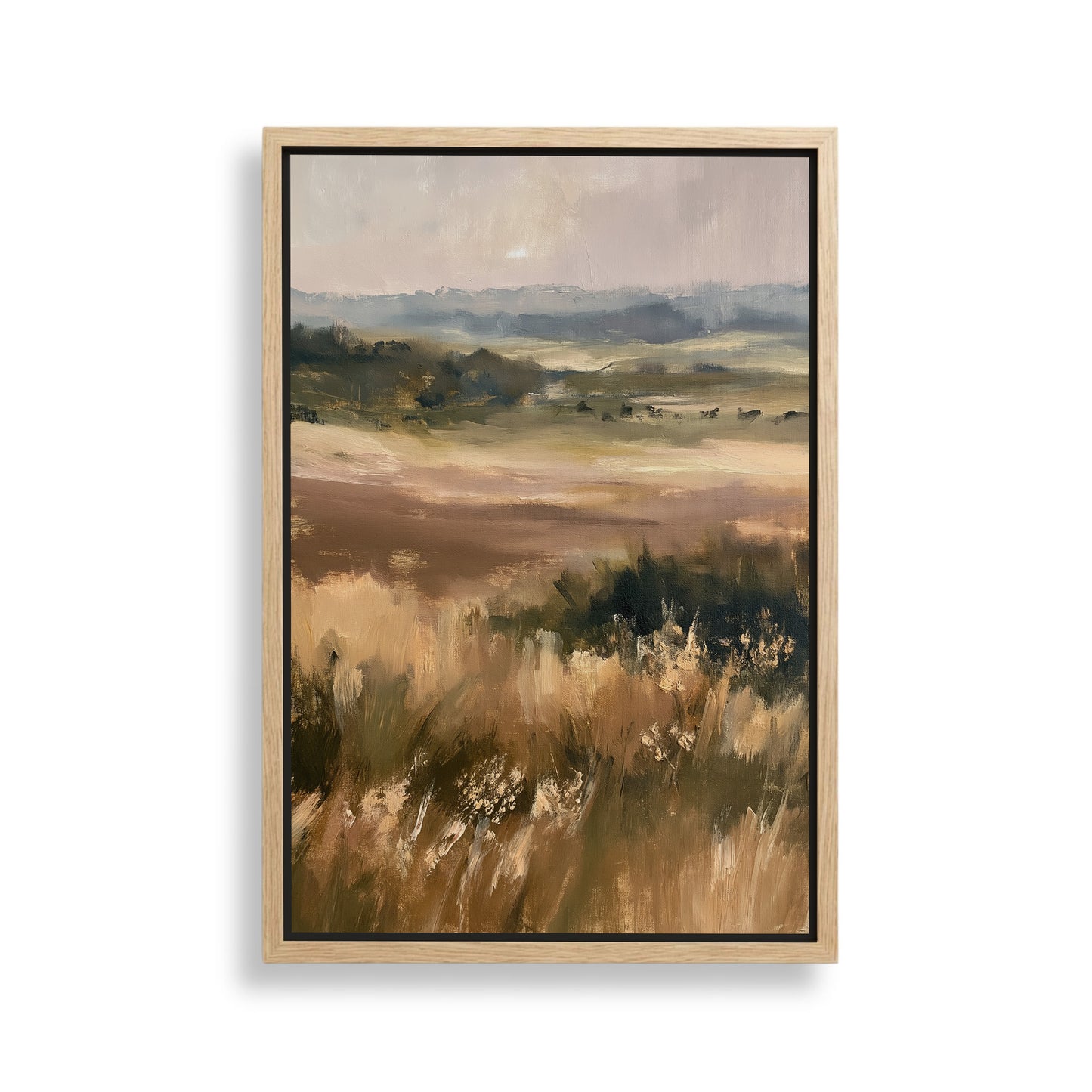 The image is an oil painting depicting a serene landscape with a field of tall grass and a distant horizon.