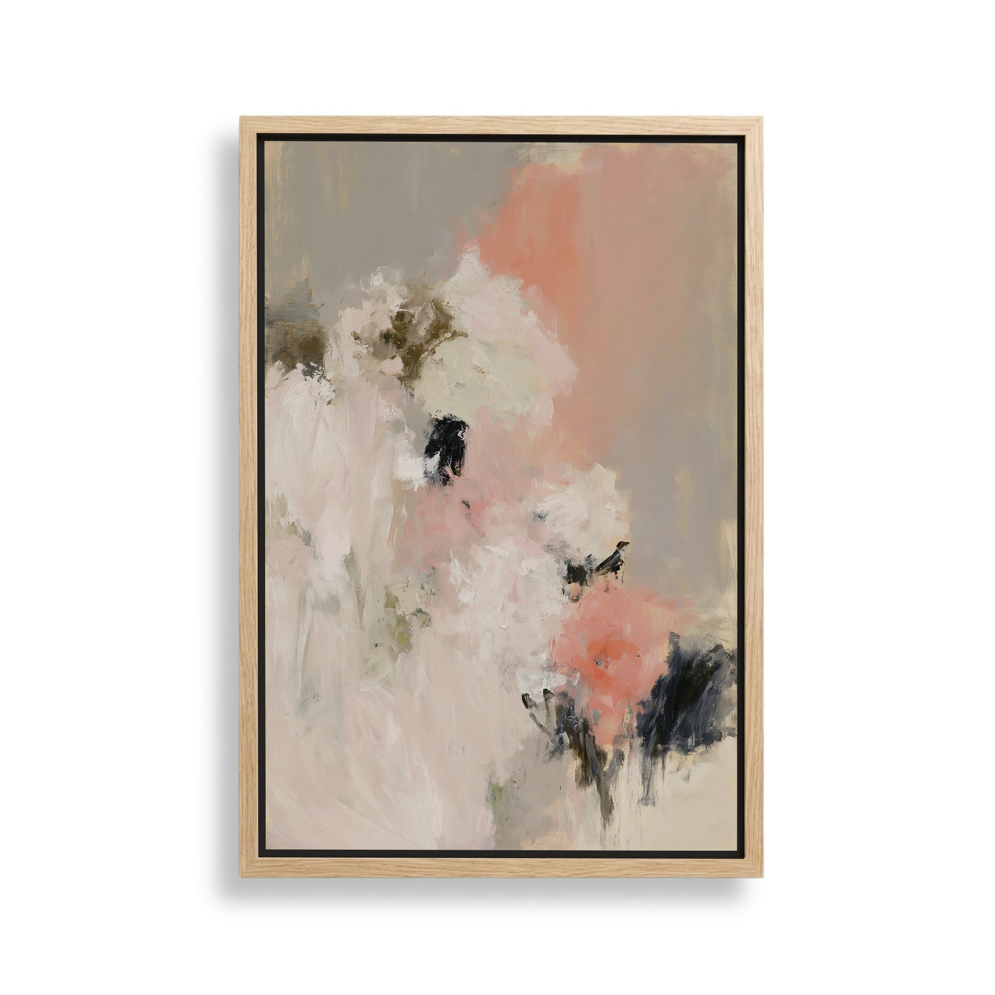 The image is an abstract painting with a predominantly pink and white color palette, featuring a mix of brushstrokes and textures.