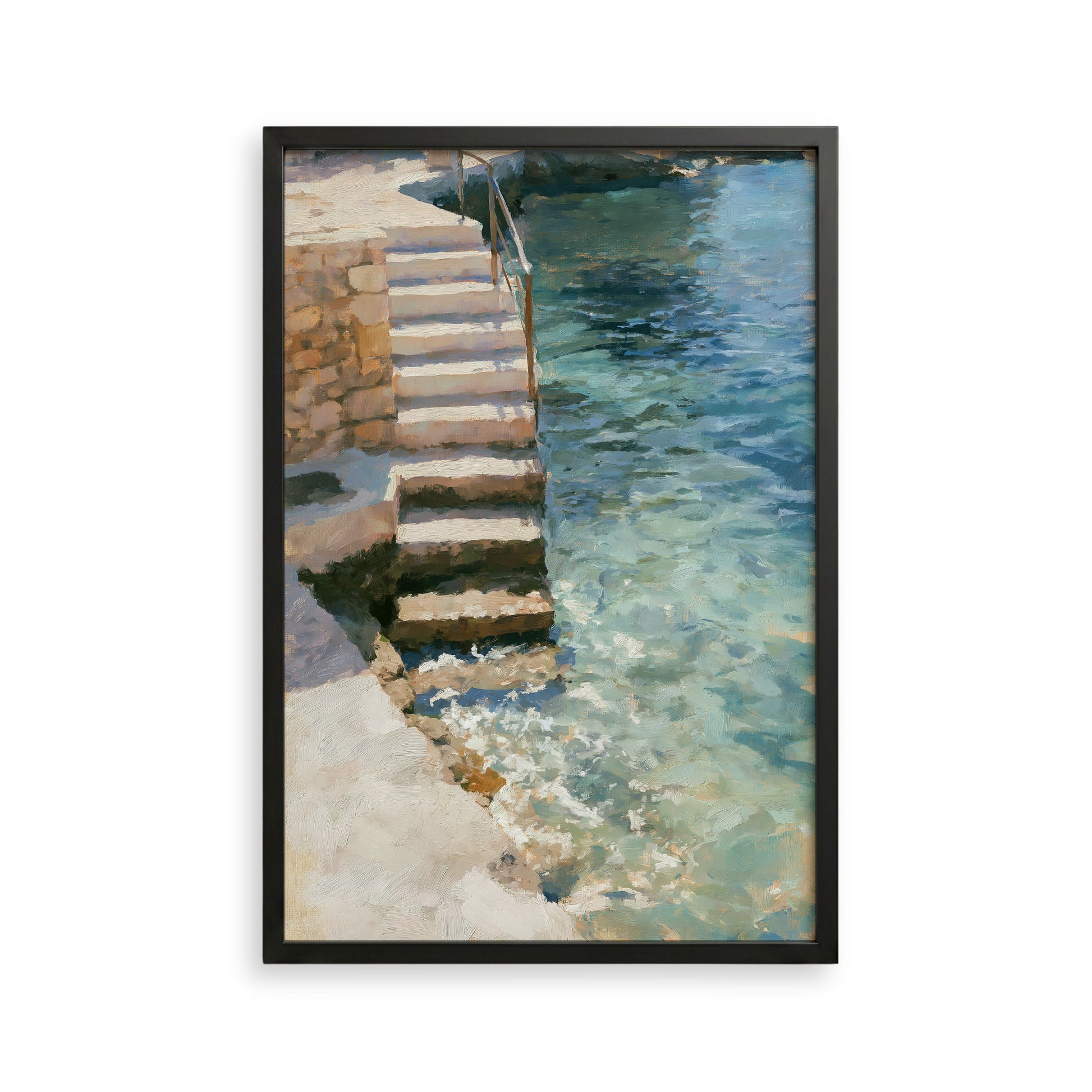 a set of stairs leading down to a body of water, with the water appearing to be a light blue color.
