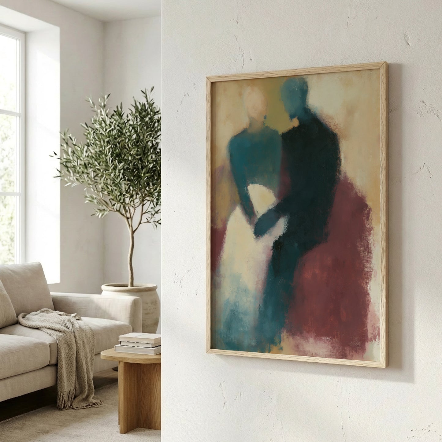 a living room with a large abstract painting hanging on the wall, a sofa, a potted plant, and a wooden side table.