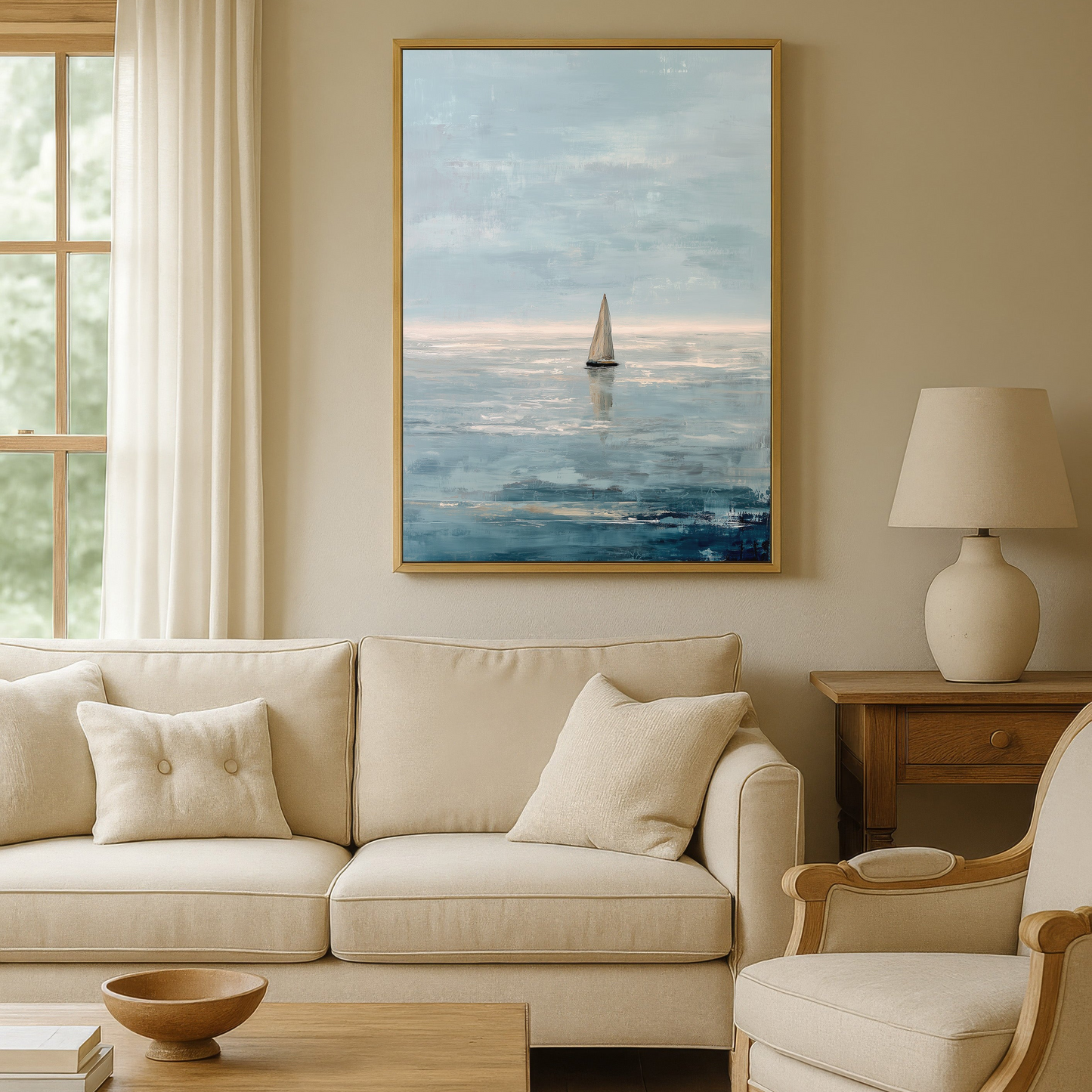 a serene living room with a large painting of a sailboat on the wall, a wooden coffee table, a beige sofa, and a wooden side table with a lamp.
