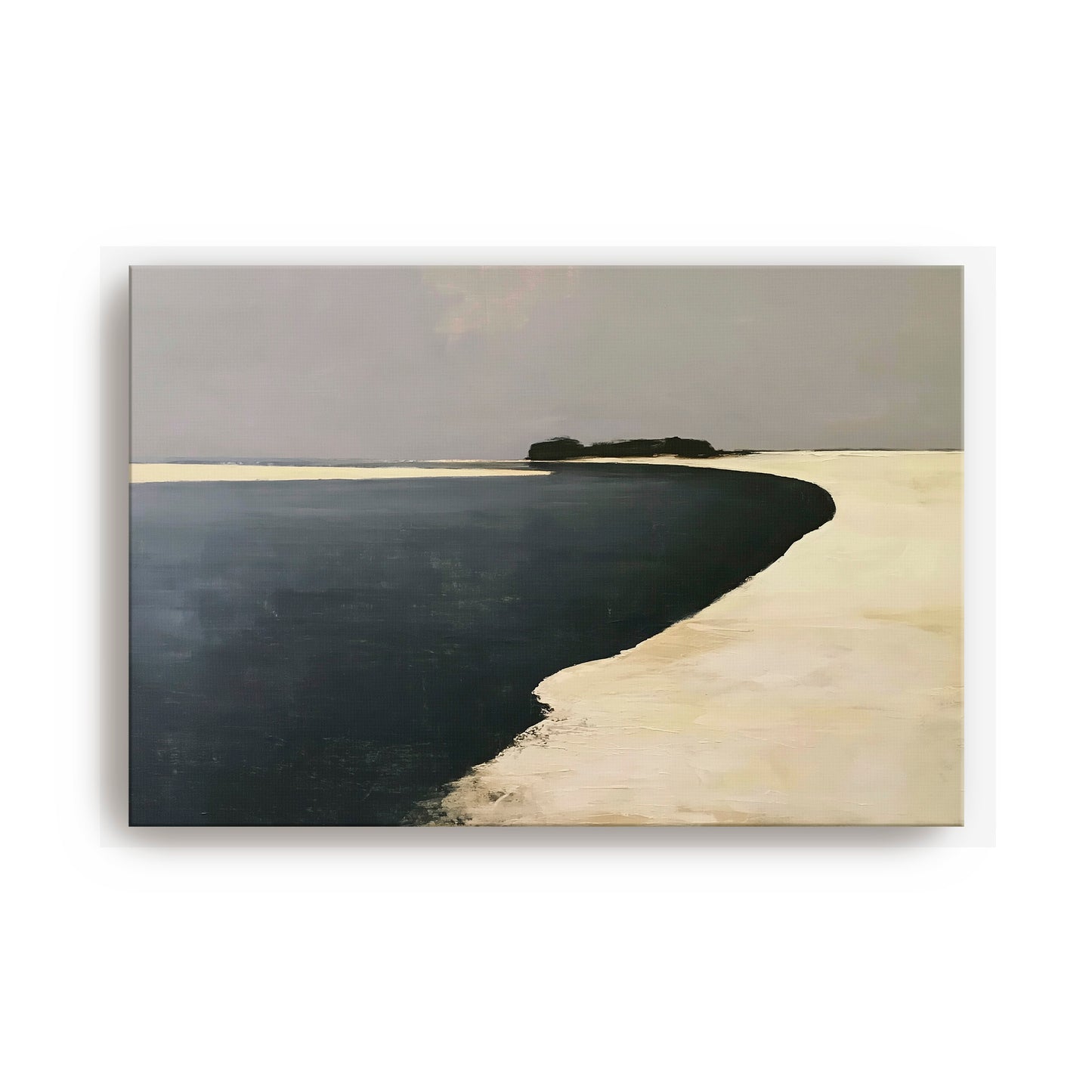 The image is a landscape painting depicting a serene scene of a body of water, possibly a lake or a river, with a sandy beach or shoreline in the foreground. The painting has a predominantly black and white color scheme, with the water and beach areas being the most contrasting elements. The overall composition and use of color create a sense of tranquility and calmness in the scene.