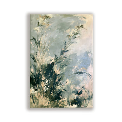The image is an abstract painting featuring a lush, natural scene with various shades of green and white.