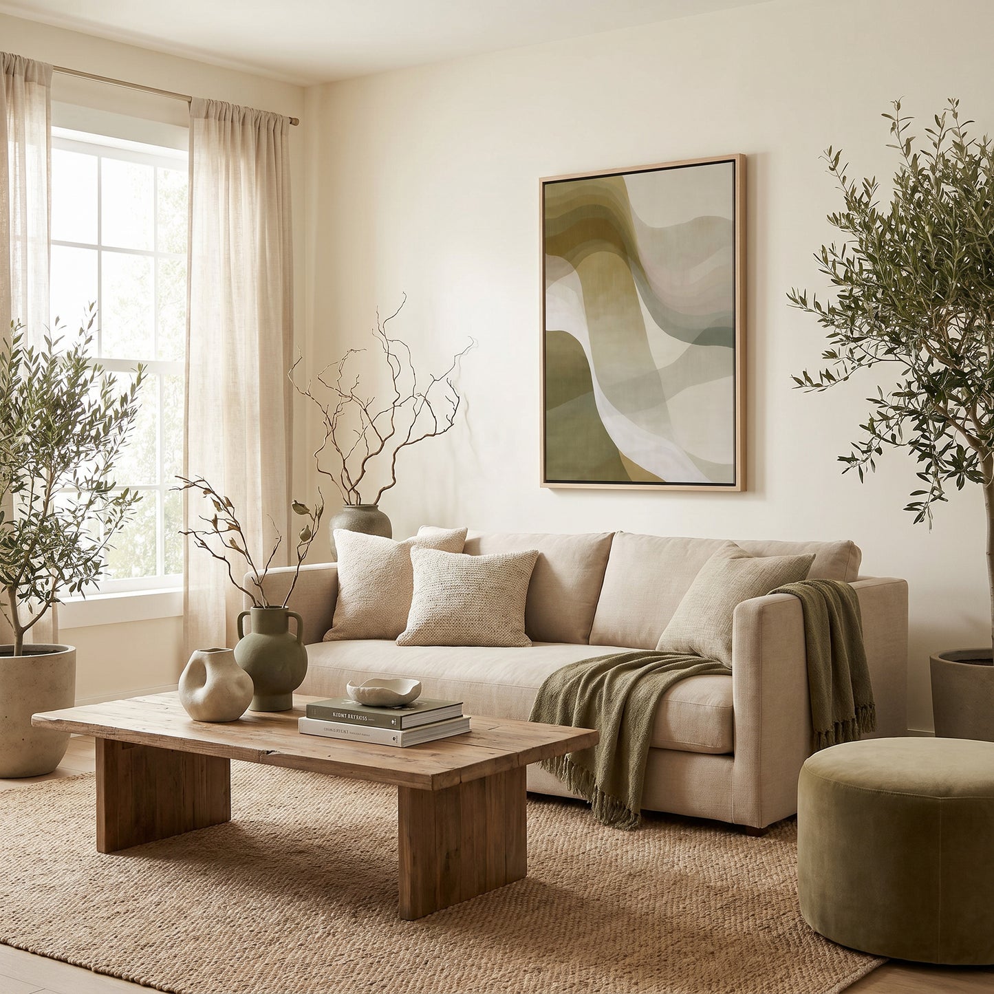 a cozy living room with a beige sofa, a wooden coffee table, and a large abstract painting on the wall. The room is decorated with potted plants, vases, and books, creating a warm and inviting atmosphere.