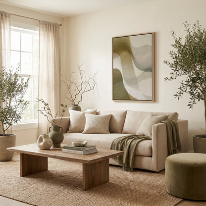 a cozy living room with a beige sofa, a wooden coffee table, and a large abstract painting on the wall. The room is decorated with potted plants, vases, and books, creating a warm and inviting atmosphere.