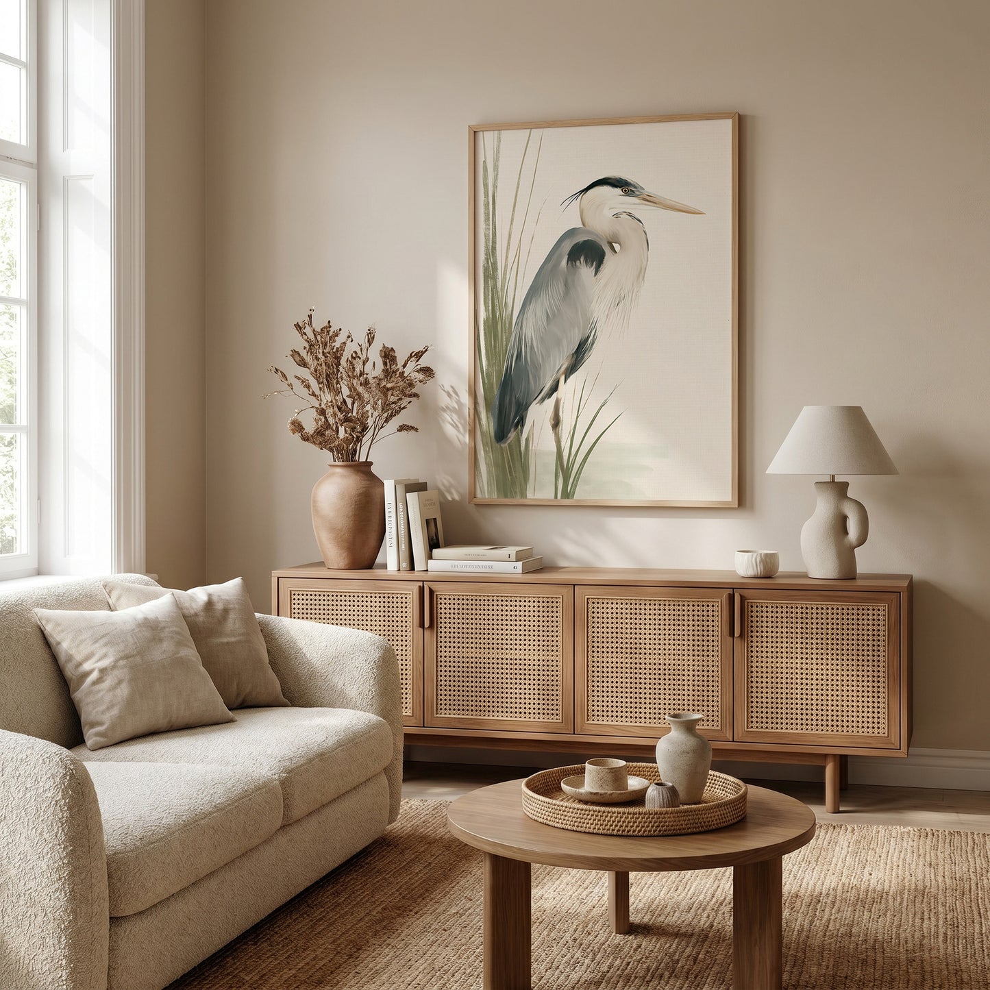 a cozy living room with a beige sofa, a wooden sideboard, a coffee table, and a framed picture of a bird on the wall.