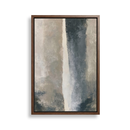 The image is a framed abstract painting with a predominantly gray and white color palette. The painting features a vertical line running through the center, creating a sense of movement and depth. The artwork is displayed on a white wall, highlighting its colors and composition.