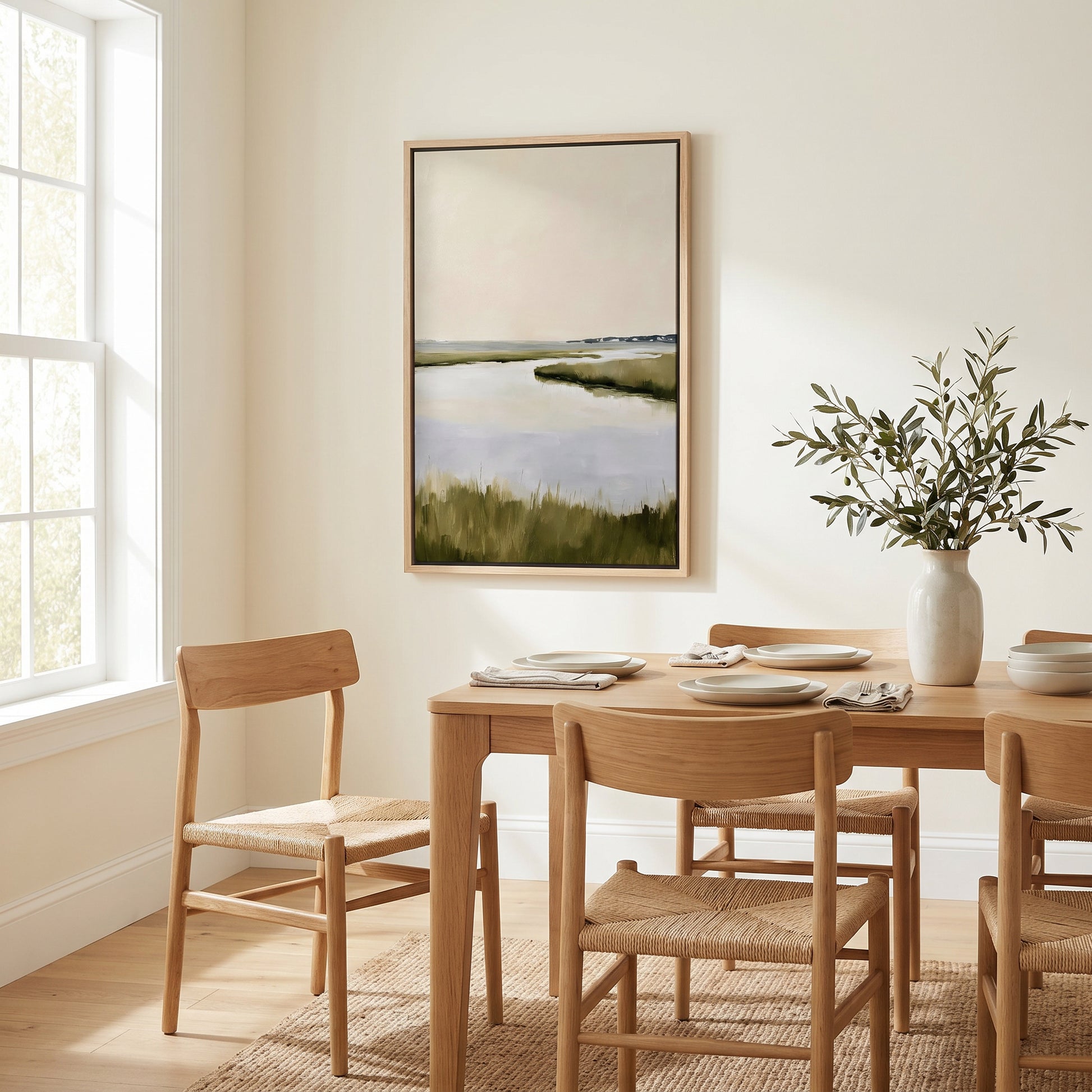 a serene dining room with a wooden table and chairs, a framed landscape painting on the wall, and a vase of greenery on the table.