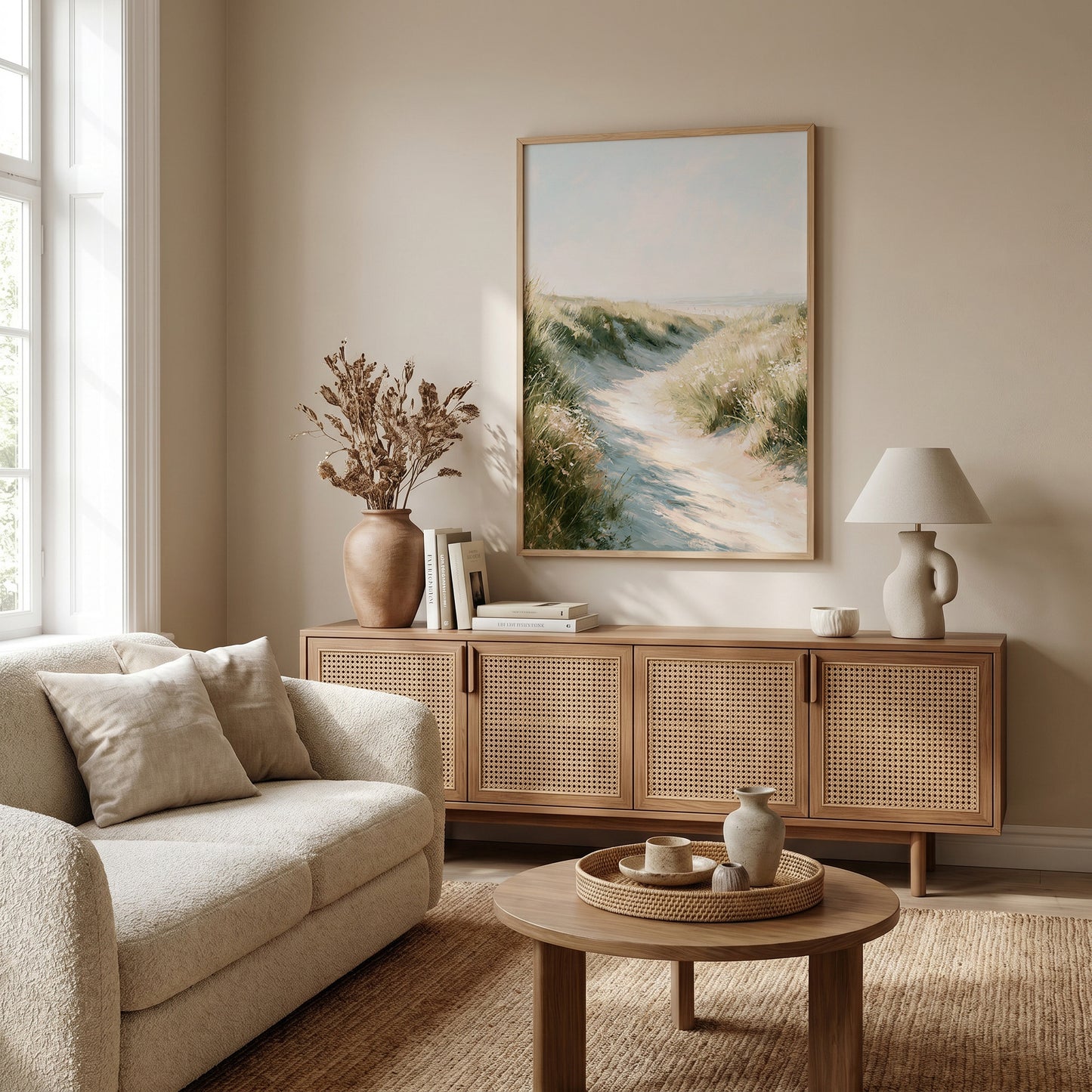 a cozy living room with a beige sofa, a wooden sideboard, and a large framed landscape painting on the wall. The room has a warm and inviting atmosphere, with natural light coming in from a window and a vase of dried flowers on the sideboard.