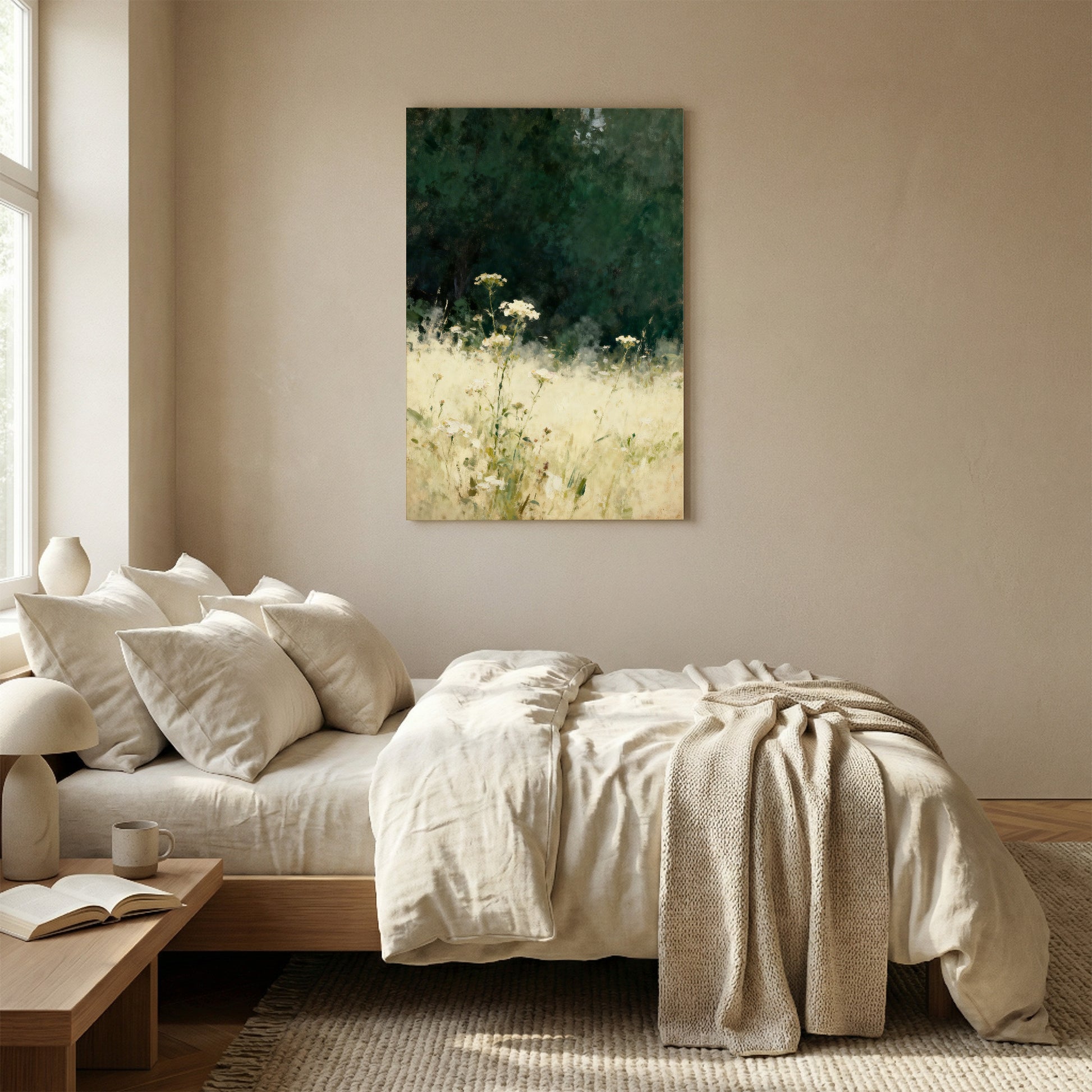 a serene bedroom scene with a large bed, a painting of a field of flowers hanging on the wall, and a window providing natural light.