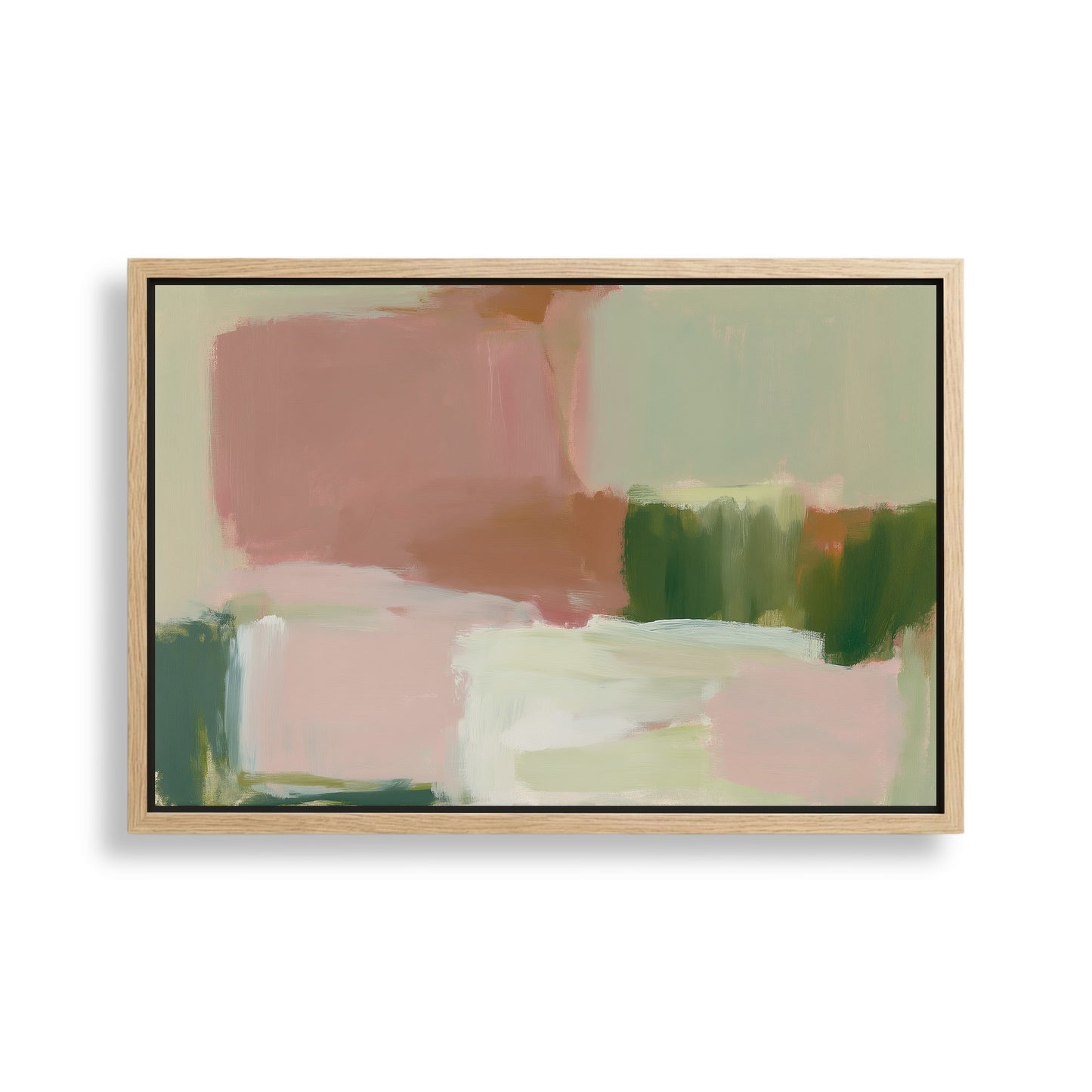 The image is an abstract painting with a mix of pink, green, and white colors.