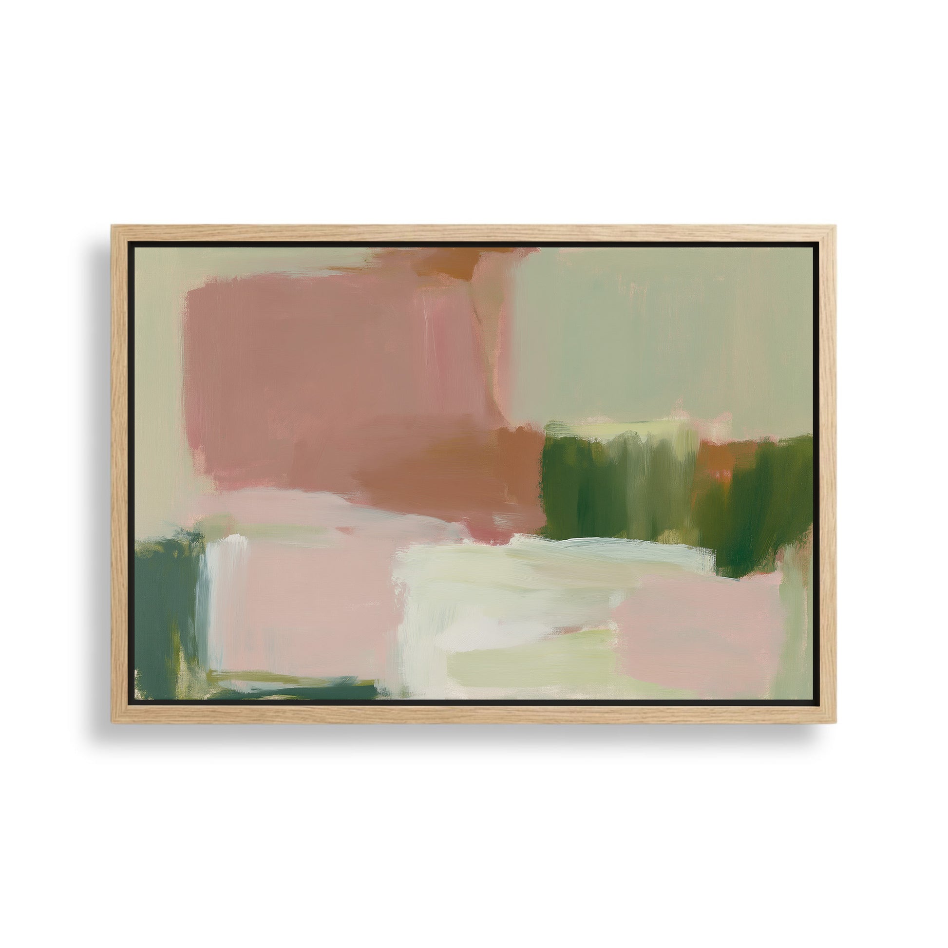 The image is an abstract painting with a mix of pink, green, and white colors.