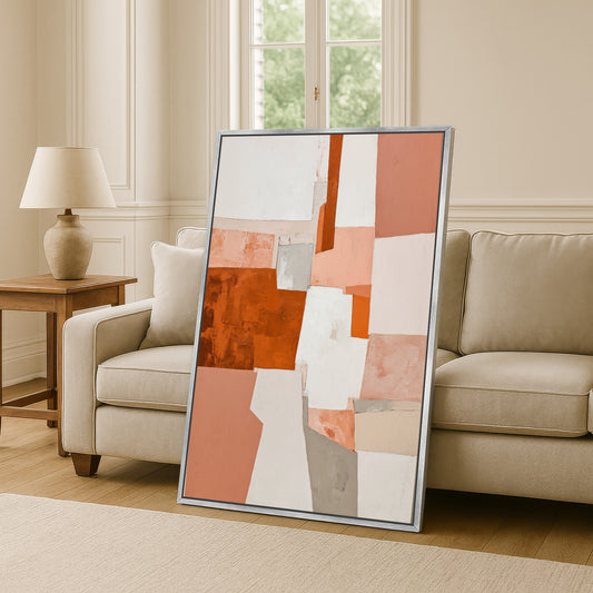 a large abstract painting displayed in a living room setting.