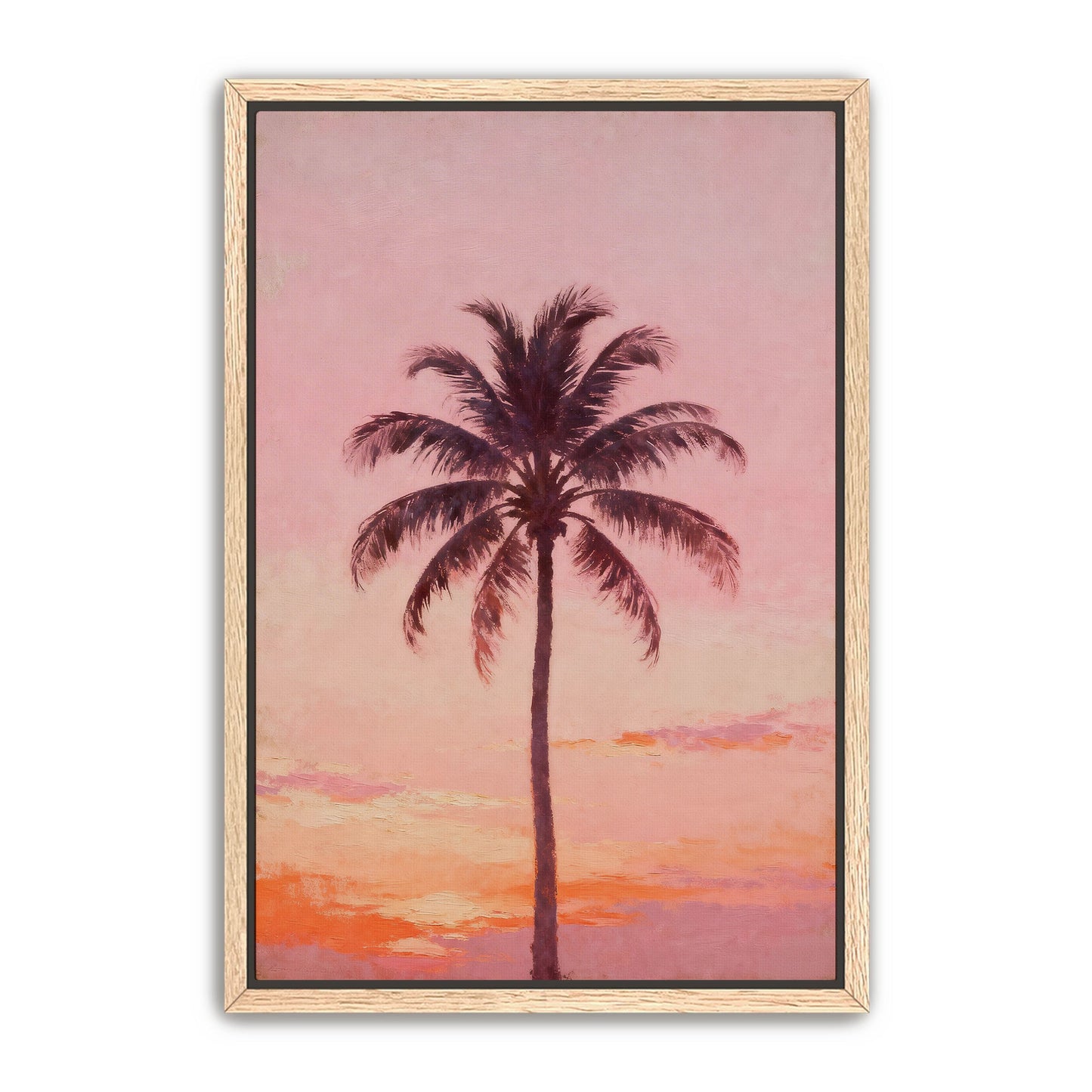 A framed painting depicting a palm tree silhouetted against a vibrant sunset sky.