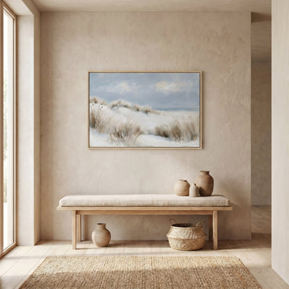 a serene and minimalist interior design with a large painting of a snowy landscape hanging on the wall above a wooden bench. The bench is positioned under a window, allowing natural light to illuminate the space. On the bench, there are three vases of varying sizes, and a woven basket is placed nearby. The overall color scheme of the room is neutral, with the painting and vases adding pops of color to the space.