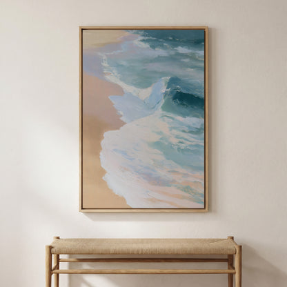 a large, framed painting of a beach scene hanging on a wall above a wooden bench.