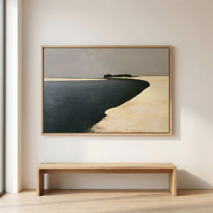 a large, framed painting of a beach scene hanging on a wall above a wooden bench.