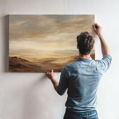 A man hangs a large landscape painting on a wall.