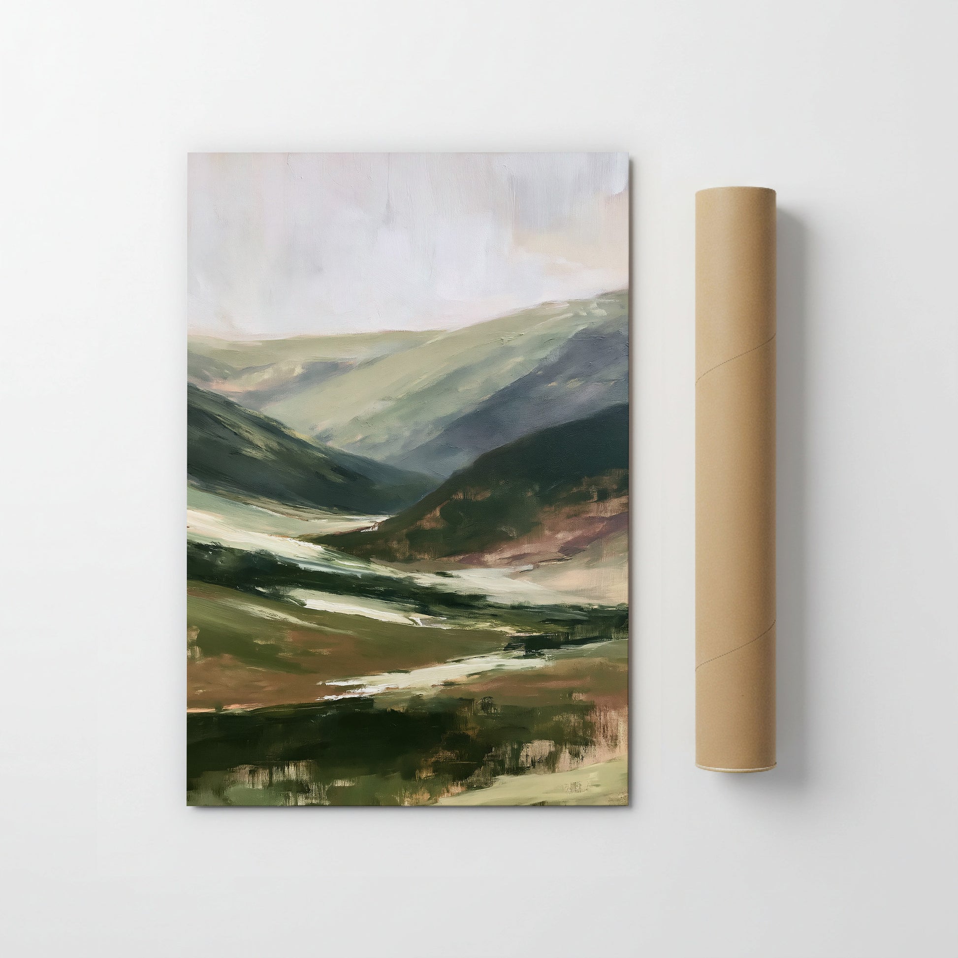The image is a painting of a mountainous landscape, depicting a winding path through the hills and valleys.