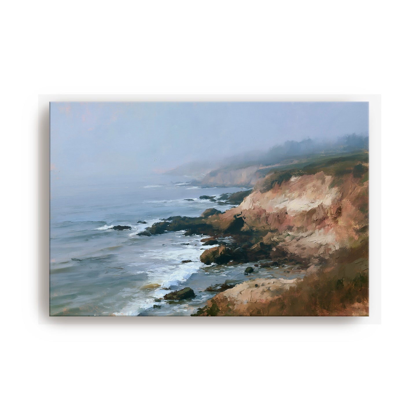 a serene coastal landscape with rocky cliffs, crashing waves, and a hazy, misty atmosphere.