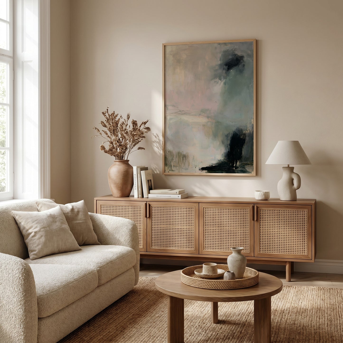 a cozy living room with a beige sofa, a wooden sideboard, and a large abstract painting on the wall.