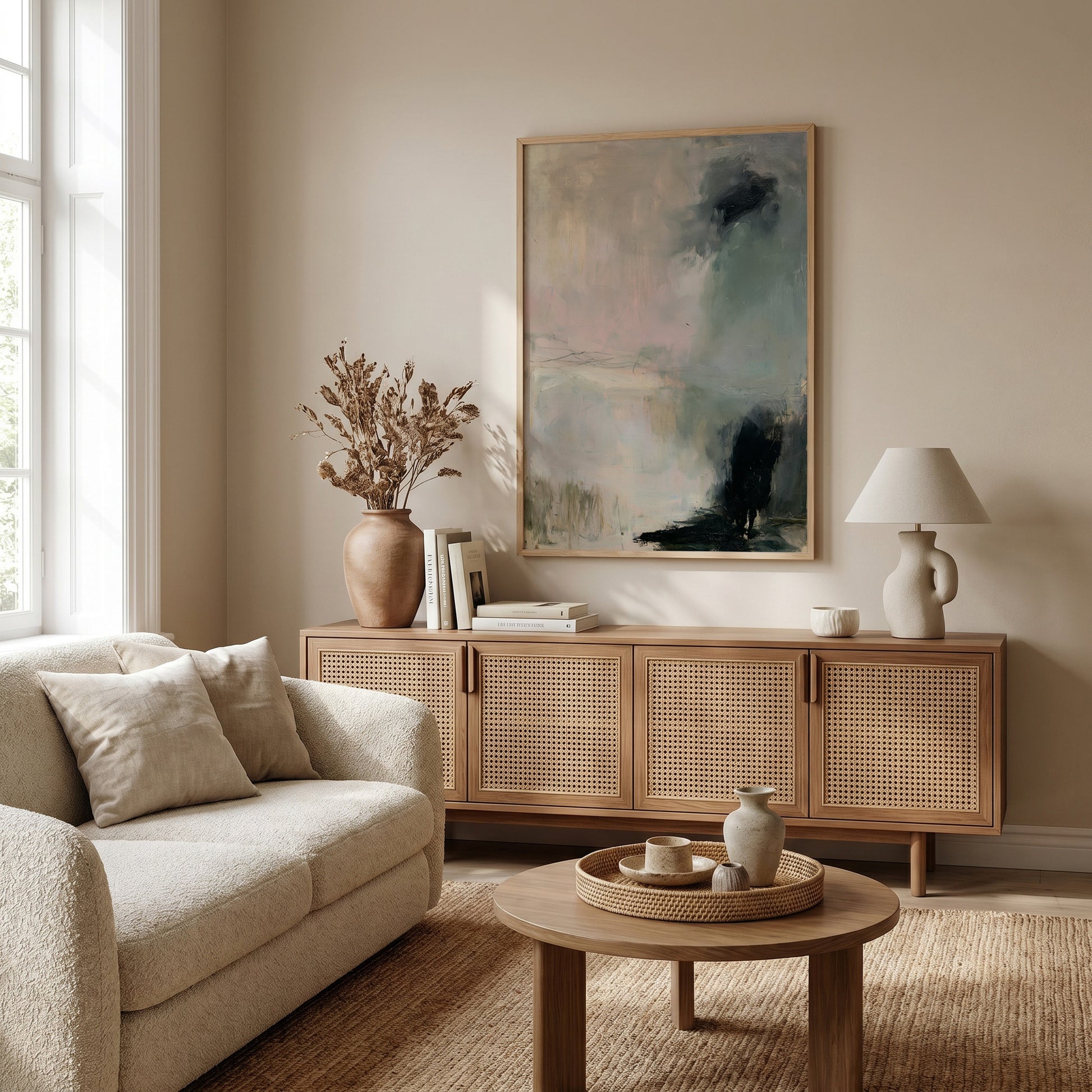 a cozy living room with a beige sofa, a wooden sideboard, and a large abstract painting on the wall.