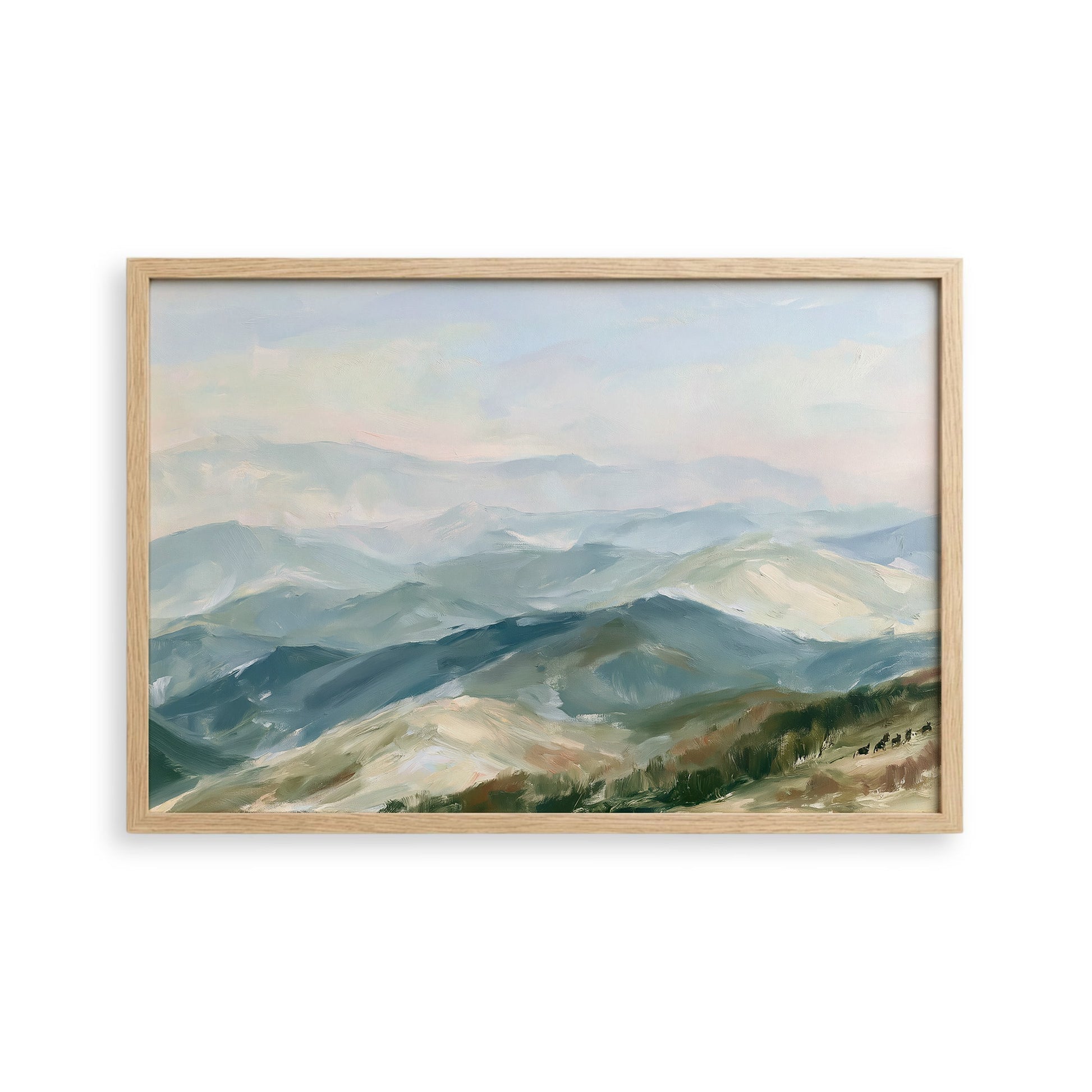 The image is a painting of a mountainous landscape with rolling hills and valleys, featuring a blend of green, blue, and brown colors.