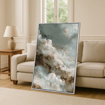 a large framed painting of clouds on a wall, with a beige sofa and a wooden side table in the background.
