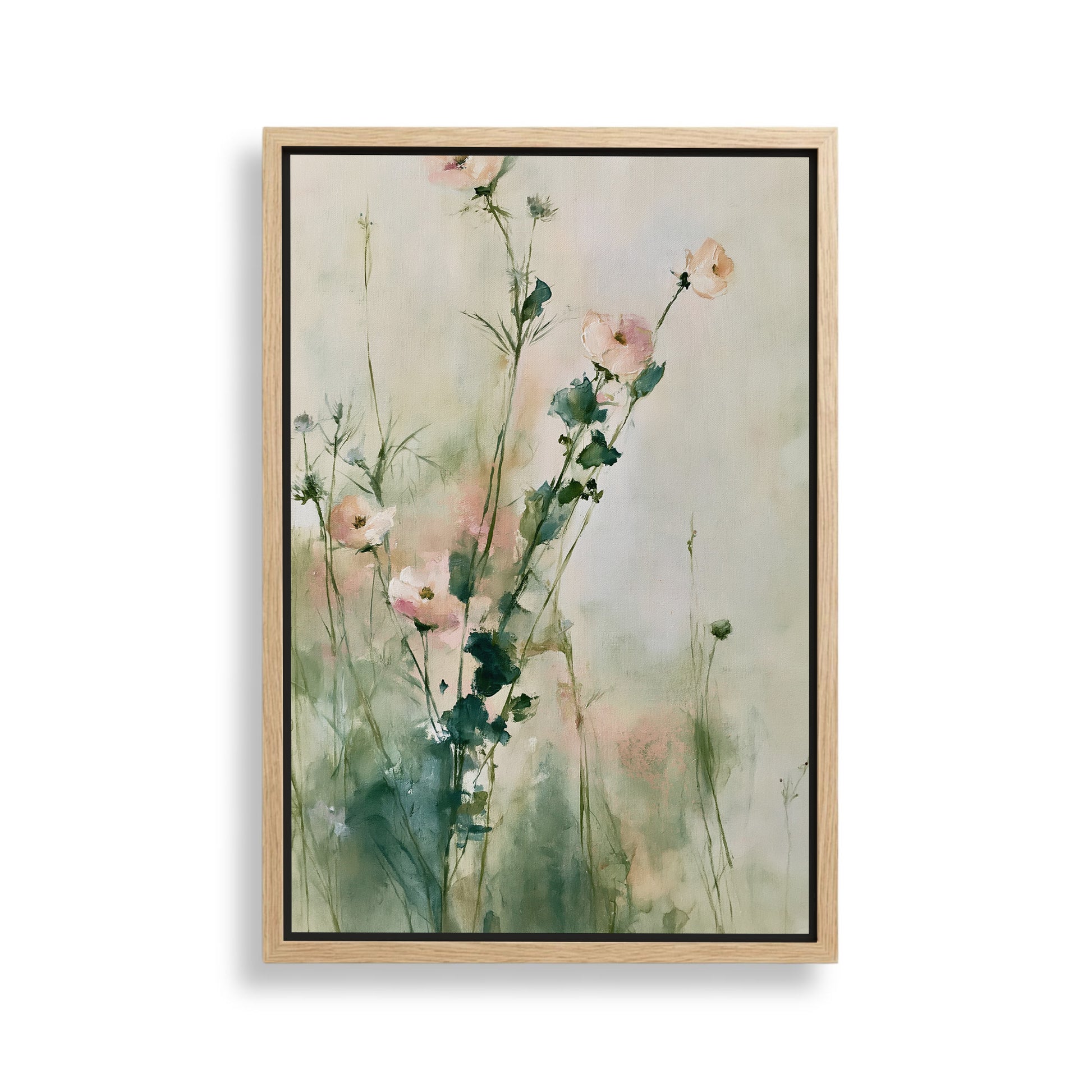 The image is a framed painting depicting a field of pink flowers with green stems and leaves.