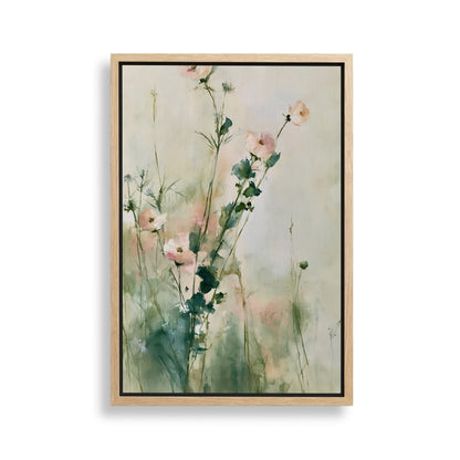 The image is a framed painting depicting a field of pink flowers with green stems and leaves.