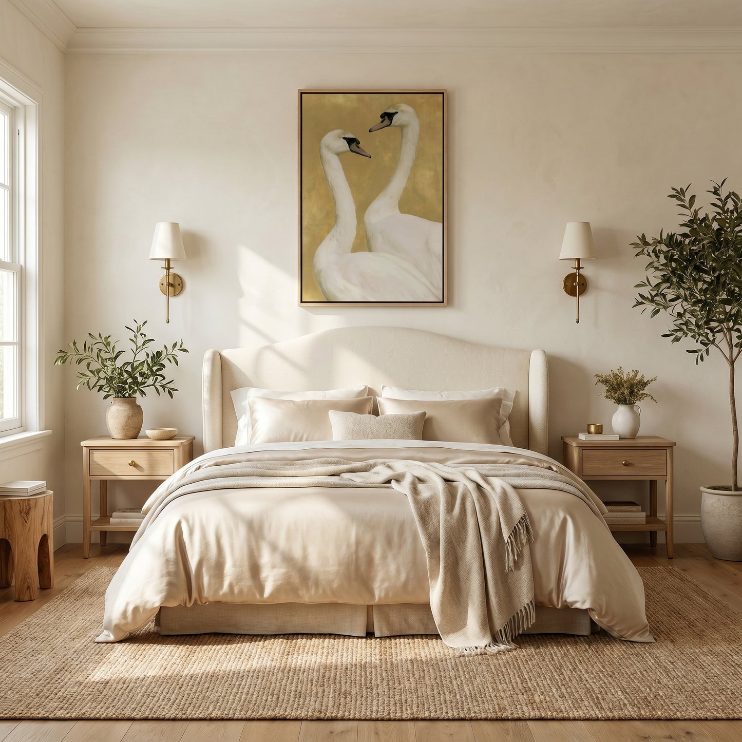a serene and cozy bedroom with a large bed, a painting of two swans, and two lamps on either side of the bed. The room is decorated with a neutral color palette and features a rug, a wooden stool, and potted plants, creating a warm and inviting atmosphere.
