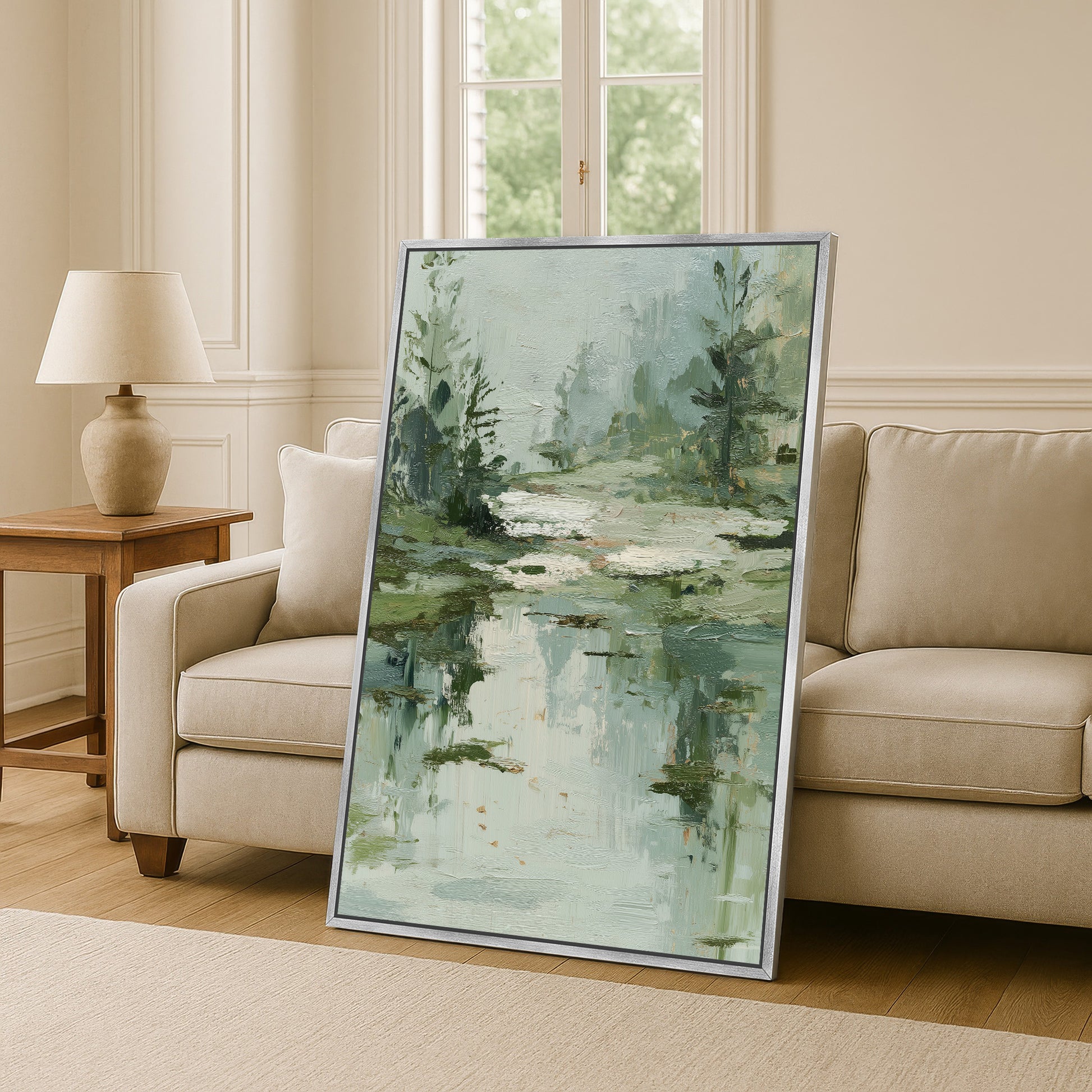 a large painting of a landscape with a lake and trees, displayed in a living room setting with a sofa and a lamp.