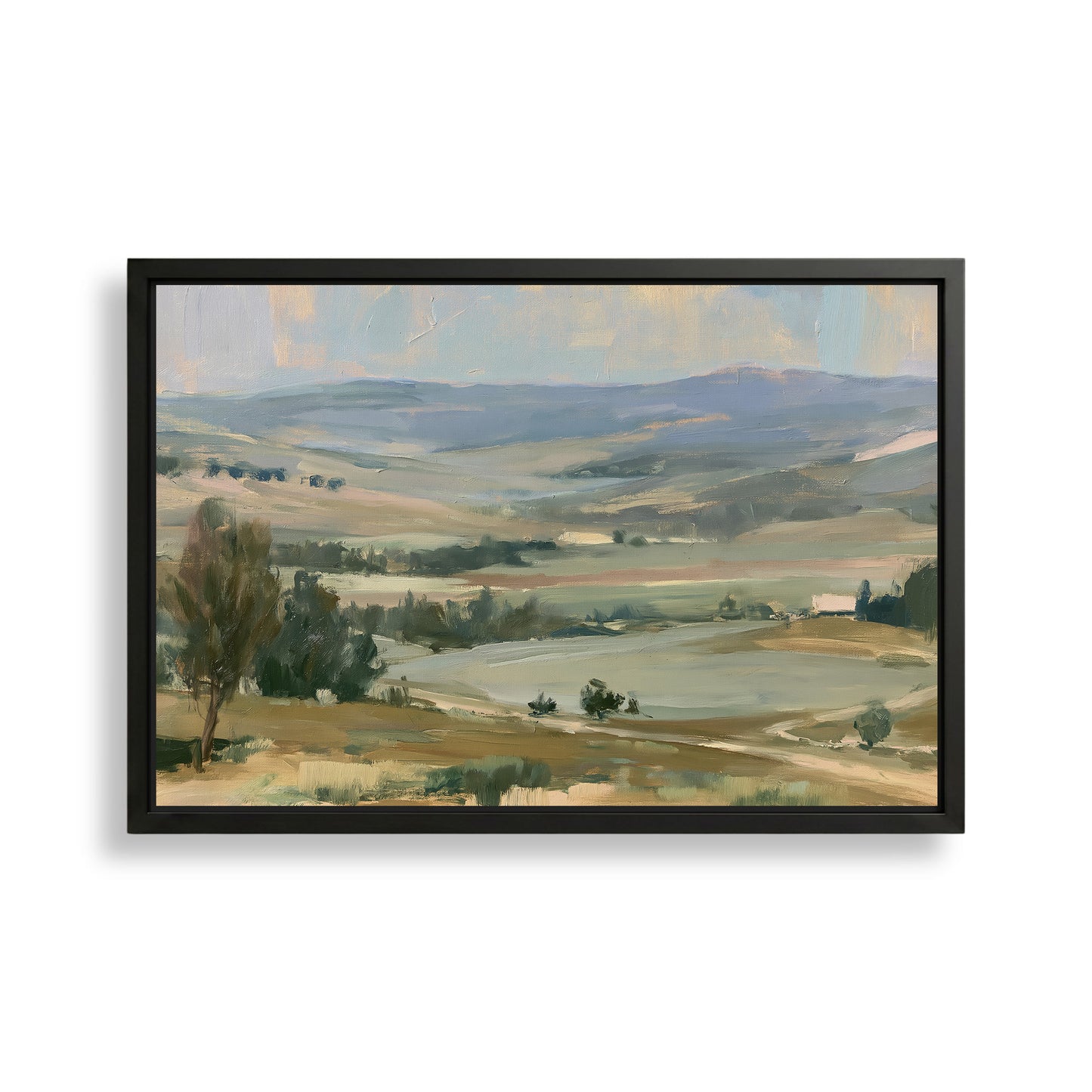 The image is a framed landscape painting depicting a serene countryside scene with rolling hills, trees, and a body of water in the distance.