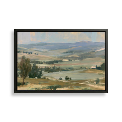 The image is a framed landscape painting depicting a serene countryside scene with rolling hills, trees, and a body of water in the distance.