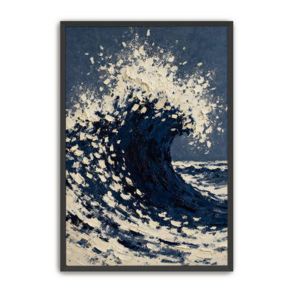a large, powerful wave crashing against the shore, with the water appearing dark blue and the sky above a lighter shade of blue.