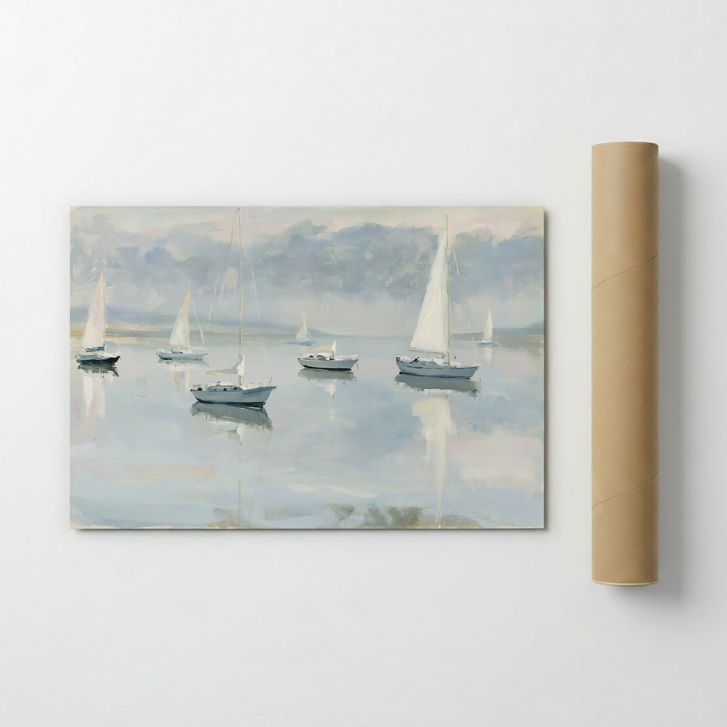 a serene scene of sailboats gently floating on a calm body of water, with a hazy, dreamy atmosphere.