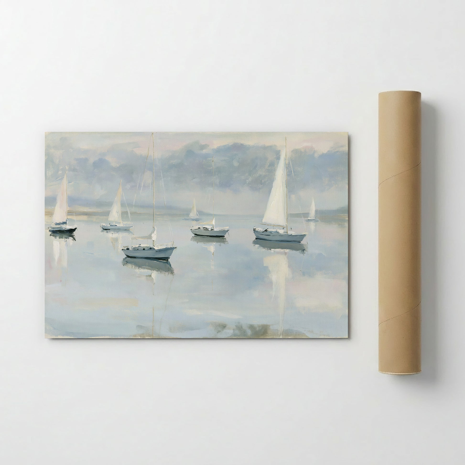 a serene scene of sailboats gently floating on a calm body of water, with a hazy, dreamy atmosphere.